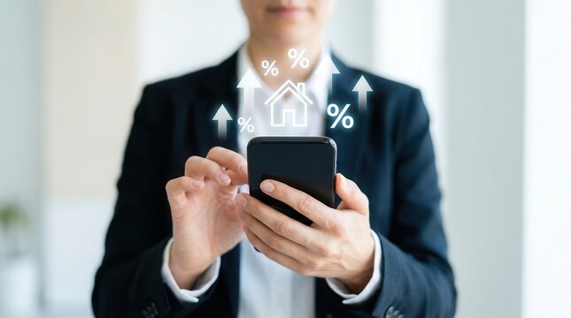 A businesswoman analyzing real estate market growth and mortgage interest rates via mobile technology.