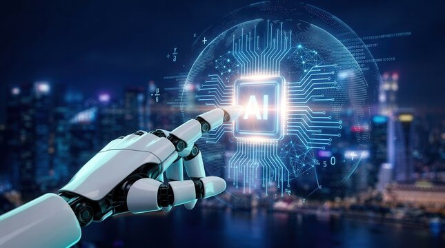 A robotic finger touching a glowing AI processor with big data and global connectivity.