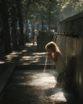Child drinks from a public water fountain on a hot summer day
