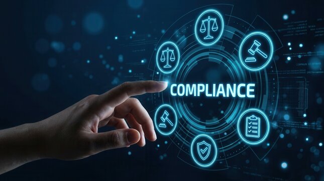 Technology compliance framework with legal, security, and digital icons on a glowing blue background.