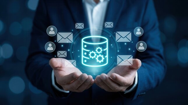 A professional managing automated mail delivery via a central database server icon.