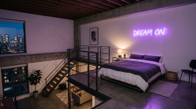 Modern industrial loft bedroom with neon sign at night