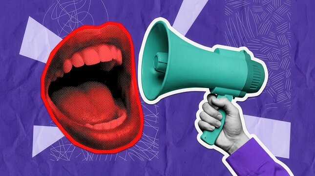 Abstract surrealist collage with a red mouth, teal megaphone, and geometric shapes on textured purple.