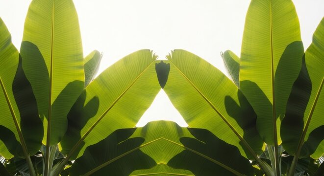 Green banana leaves symmetrical pattern with sunlight and shadow effect use cases
