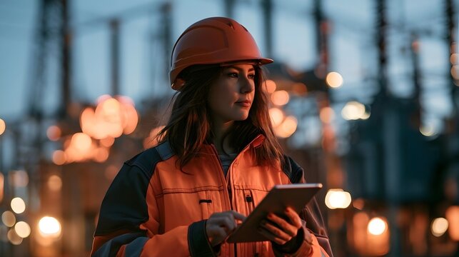 Female engineer in safety gear checking infrastructure, using a digital tablet at a power substation, managing and monitoring high voltage electricity grid distribution