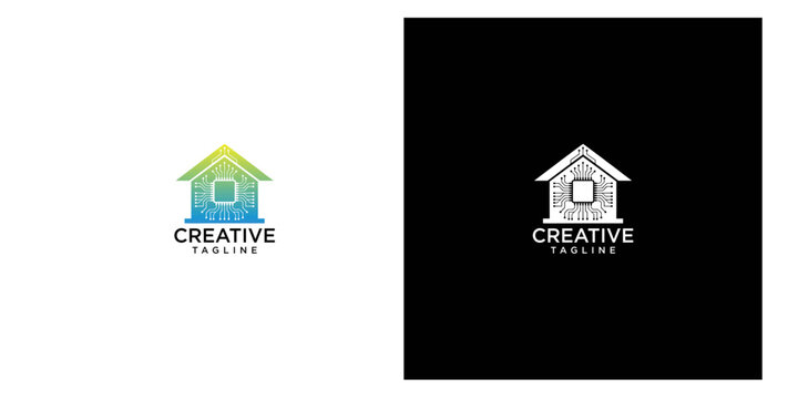 Modern digital smart home logo design featuring circuit board patterns in blue and green gradients