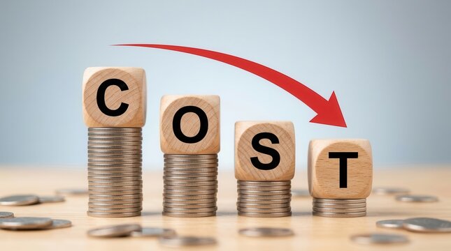 Concept of efficiency and saving strategy featuring cost reduction via declining coin stacks and a red arrow.