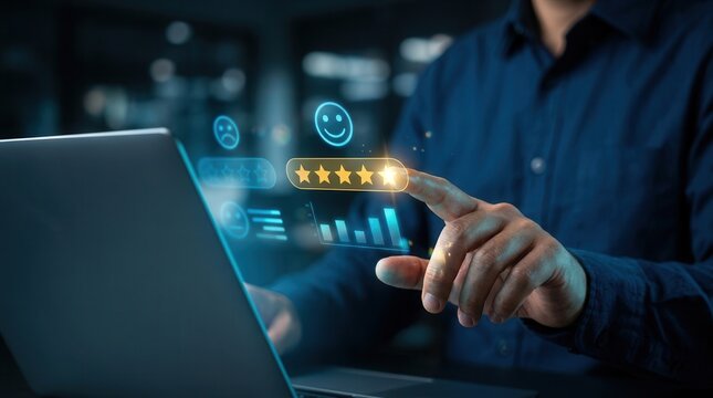 Close up of a hand touching glowing digital star rating icons and customer feedback icons on a laptop.
