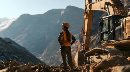 Obraz premium Female engineer in safety vest and hard hat using a digital tablet, monitoring an electrical substation for energy grid management and infrastructure maintenance