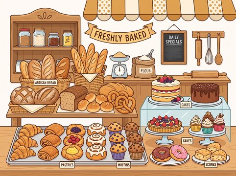 Bakery shop interior with bread cakes and pastries illustration