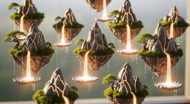 Floating islands with glowing energy and waterfalls, fantasy landscape