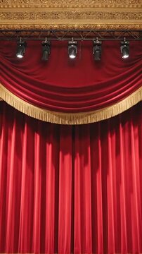 A grand red theatre stage curtain with golden fringe and spotlight illumination
