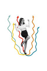 Fototapeta premium Vertical photo collage of happy businesswoman dance arrow development growth success concept achievement isolated on painted background