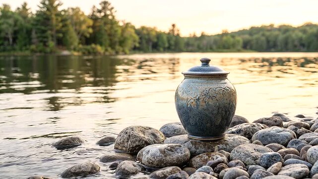 A close-up of a beautifully designed cremation urn on smooth stones near the water, representing tranquility and memory of the decea