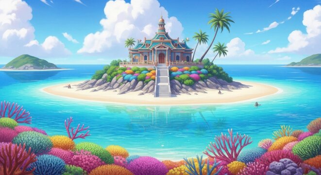 Tropical island paradise with colorful coral reef and exotic building vacation getaway