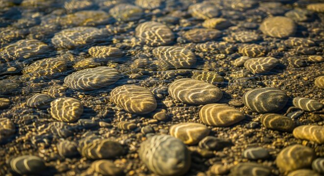 Pebbles on riverbed with water ripples background texture