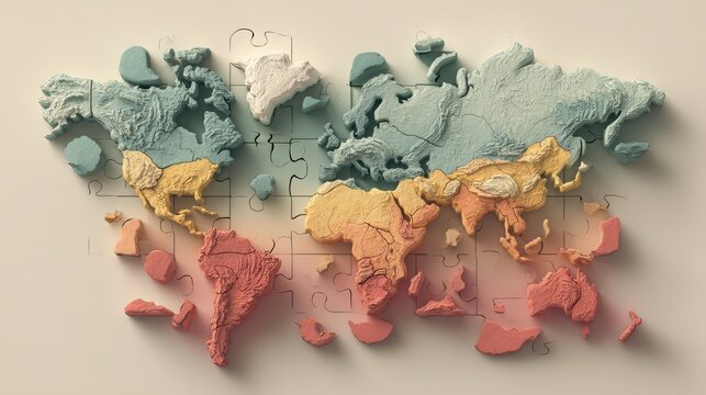World map puzzle assembled with colorful continents against a soft neutral background during a studio shoot