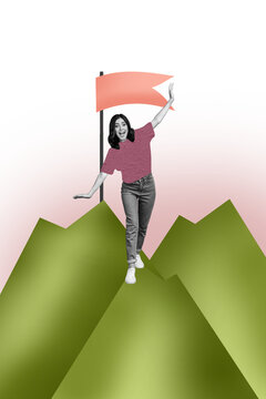 Composite sketch image design artwork collage of young lady walk mountain flag goal progress challenge success purpose aim competition