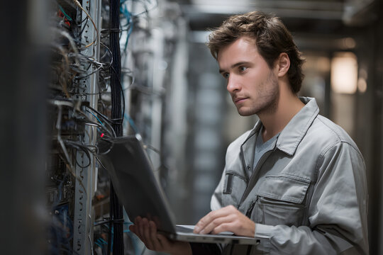 IT Technician Inspecting Server Rack With Laptop