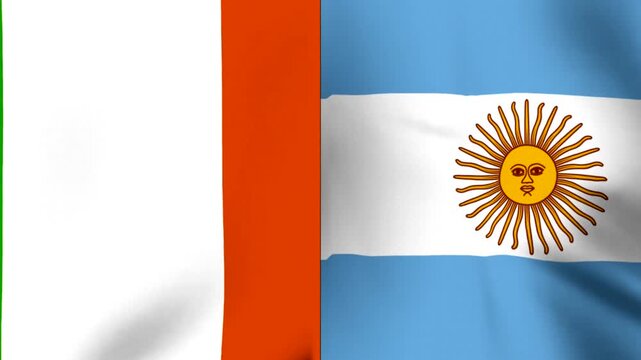 Waving fabric flags of France and Argentina side by side in a concept of international cooperation and friendship