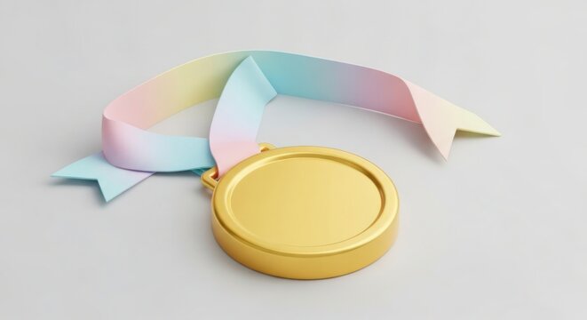 Gold medal with rainbow ribbon for achievement and success