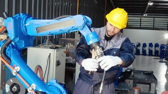 Industrial robot arm maintenance with technician in factory setting