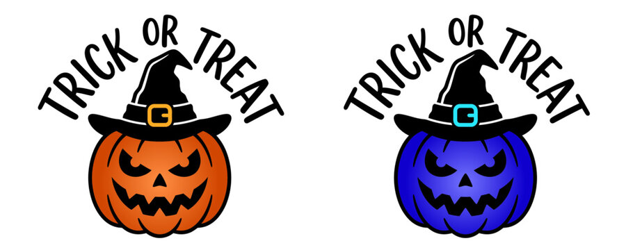 Two spooky halloween pumpkins wearing witch hats trick or treat