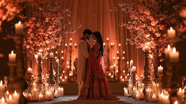 Indian bride and groom stand together in a candlelit venue surrounded by warm floral decorations during their wedding ceremony.
