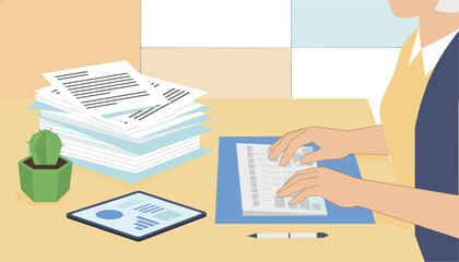 Obraz premium Close up view of a person typing on a computer keyboard at a busy desk with a stack of documents and a tablet.