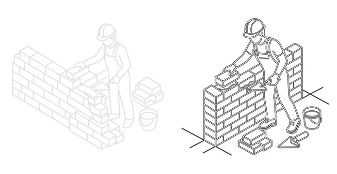 Isometric bricklayer mason building wall vector line art illustration with bricklayer construction isometric building