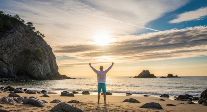 Serene beach scene at sunset with a man standing on the shore with arms raised