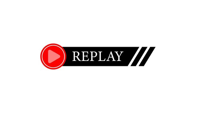 Replay video lower third animation, red play button banner graphic, sports instant replay overlay