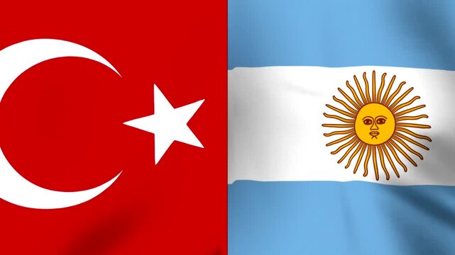 Waving fabric flags of Turkey and Argentina side by side concept