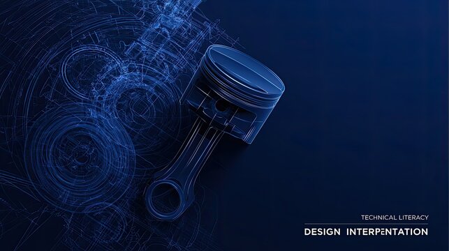 Blue mechanical blueprint and piston, symbolizing technical literacy and design