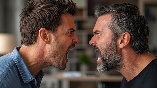 Two Furious Men Shouting Aggressively in Profile View During Loud Confrontation, Representing Stressful Family Conflict and Tension
