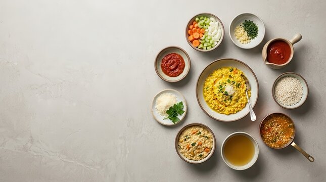 Top view of cooking ingredients in ceramic bowls featuring chopped carrots, celery, onion, garlic, herbs, tomato paste, broth, and rice grains on a neutral grey stone surface.