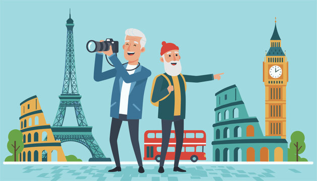 Two adventurous elderly men enjoy their retirement while traveling the world and capturing photos of famous international landmarks together.