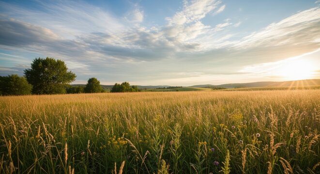 Golden wheat field at sunset with trees and cloudy sky