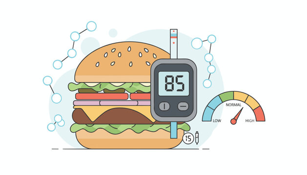 Large multi-layered hamburger with a digital glucose meter showing a reading of eighty five next to a health status gauge.