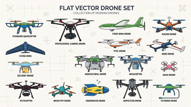 Flat vector set of modern drones and quadcopters collection