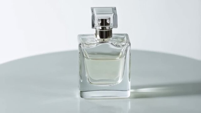 Single square glass perfume bottle on pastel blue round surface, pale liquid cologne, minimalist clean beauty concept, elegant product shot, transparent cosmetic container with silver cap