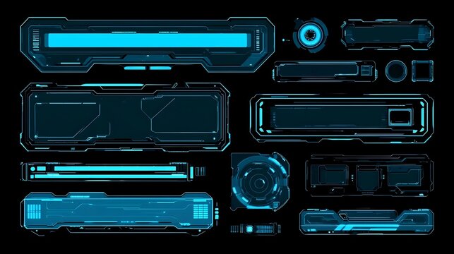 Futuristic UI interface elements. Sci-Fi frames and callouts titles. Digital technology bar, banner, panels, divider, box, high tech lines. Game graphic dashboards. Vector set Stock Vector