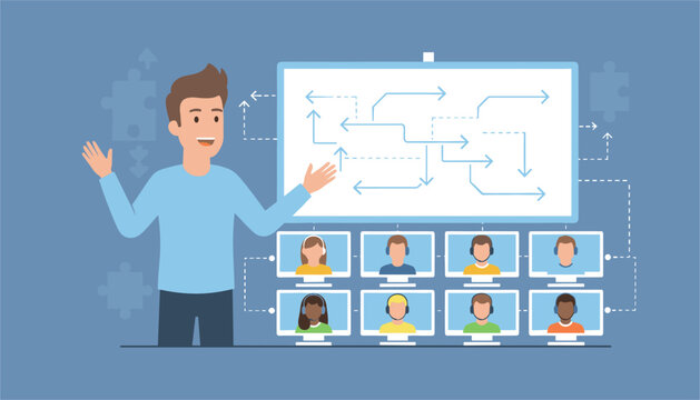 Speaker presenting a complex flowchart with arrows on a screen to a group of virtual participants appearing on computer monitors.