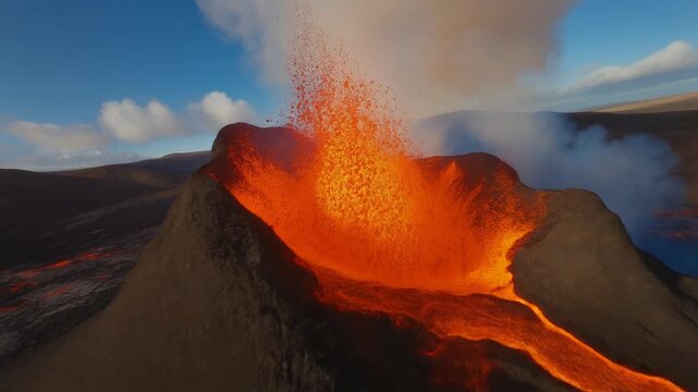 Volcano erupting molten lava flowing down mountainside under blue sky with smoke plumes
