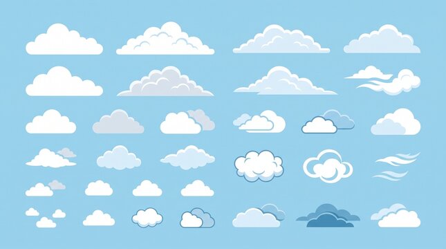Vector Cloud Collection Different Shapes and Styles on Blue Sky