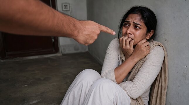 Terrified Indian Woman Cowering On Floor While Man Points Accusing Finger At Her, Depicting Domestic Violence And Social Issues