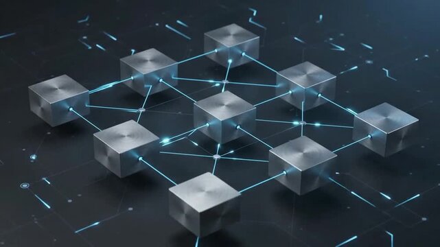 Interconnected Metallic Cubes with Glowing Data Nodes, Distributed Network and Digital Infrastructure