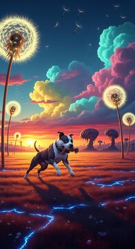 Happy dog running through a surreal landscape with glowing dandelions