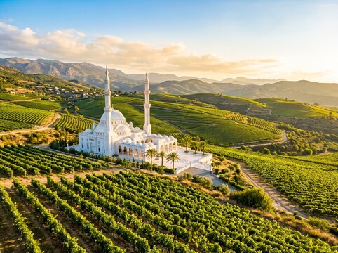 White mosque amid lush green vineyards and mountains at sunset