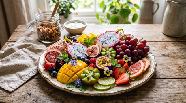 Exotic fruit platter with granola and yogurt